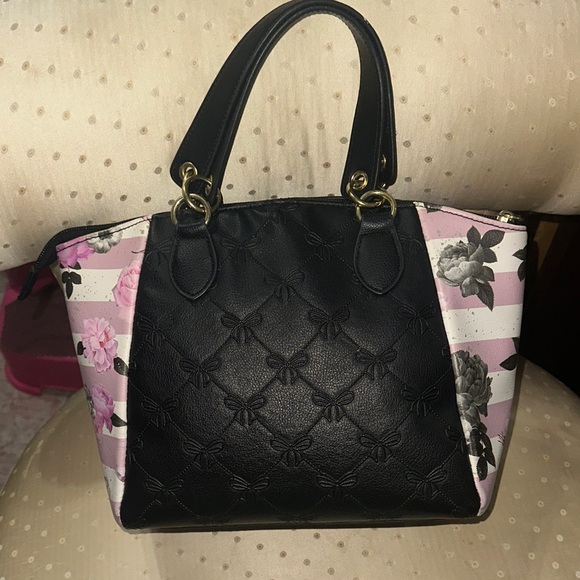 Betsey Johnson Black and Pink Striped Floral Satchel - Picture 2 of 8
